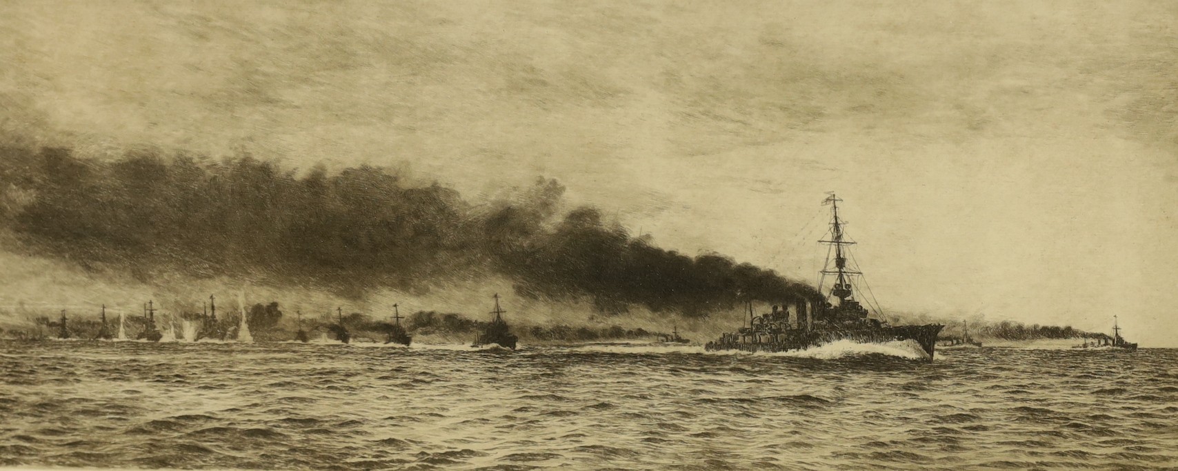 William Lionel Wyllie, etching, “HMS Champion and 13th Flotilla ahead of Beatty’s battle cruisers”, signed, 20 x 43cm